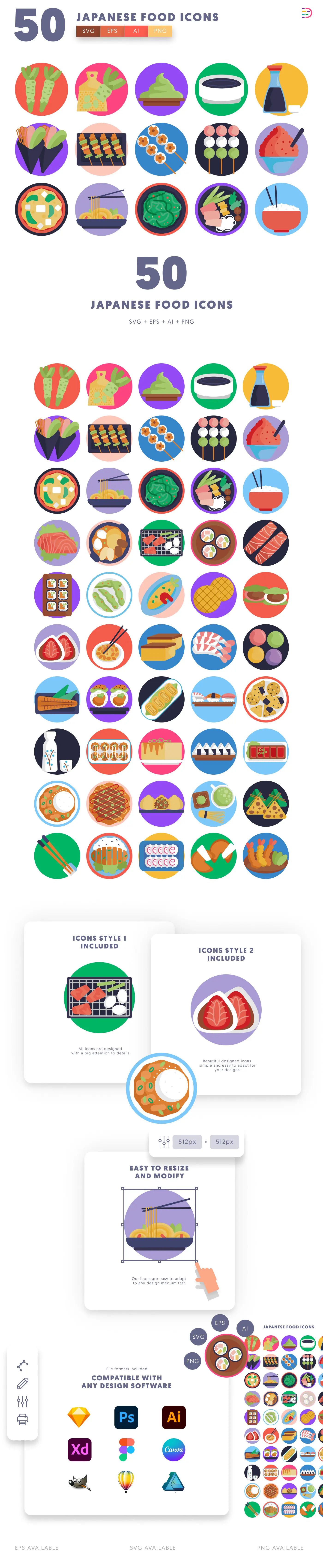 50 Japanese Food Icons cover – flat circle icons in PNG, SVG and EPS