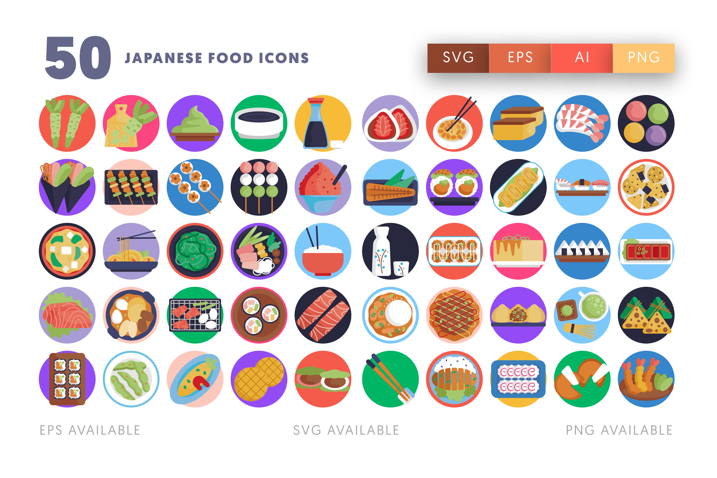 50 Japanese Food Icons – flat circle icon set