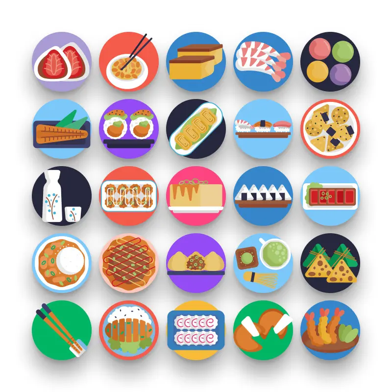 50 Japanese Food Icons – set of colorful flat circle icons