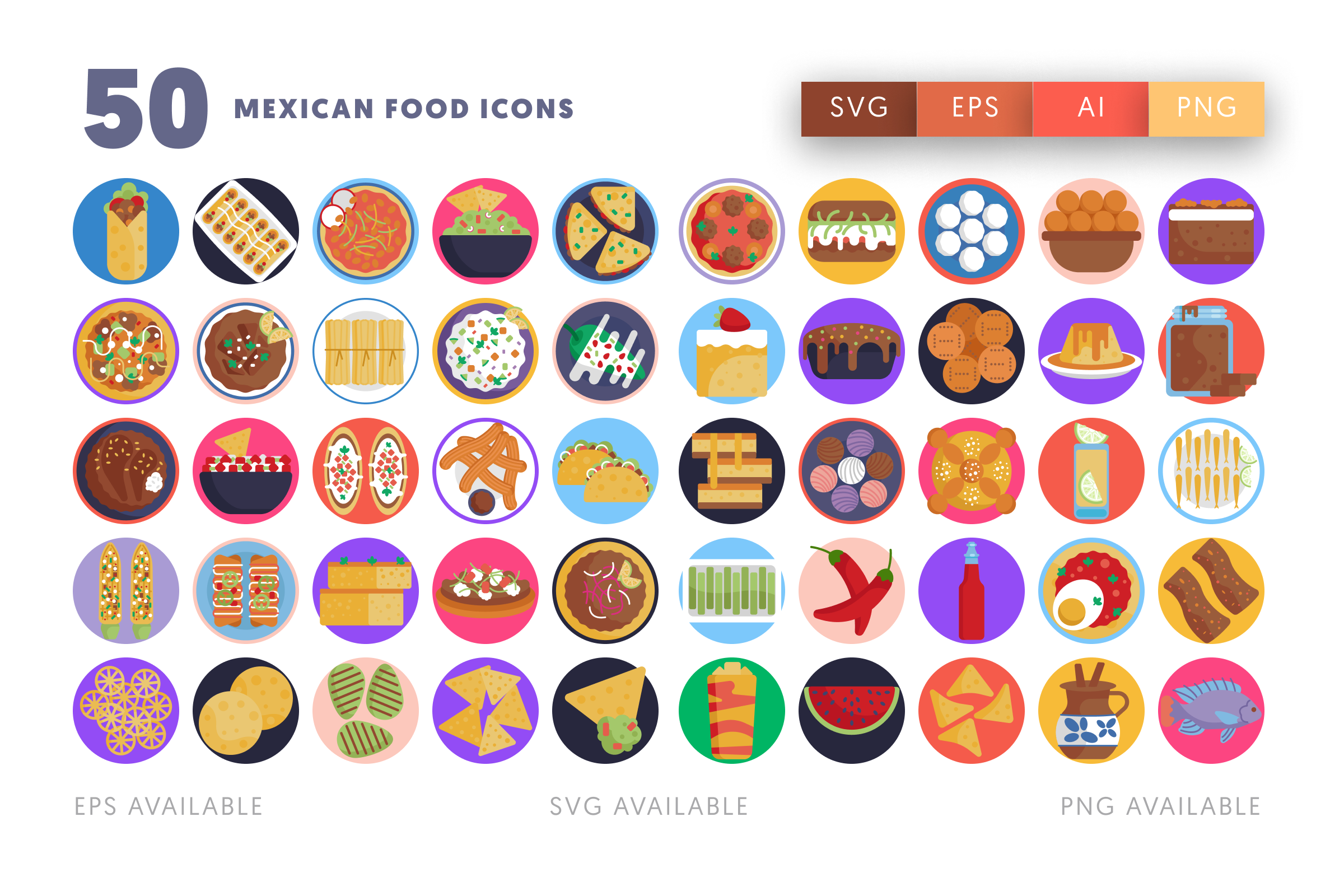 50 Mexican Food Icons – flat circle icon set