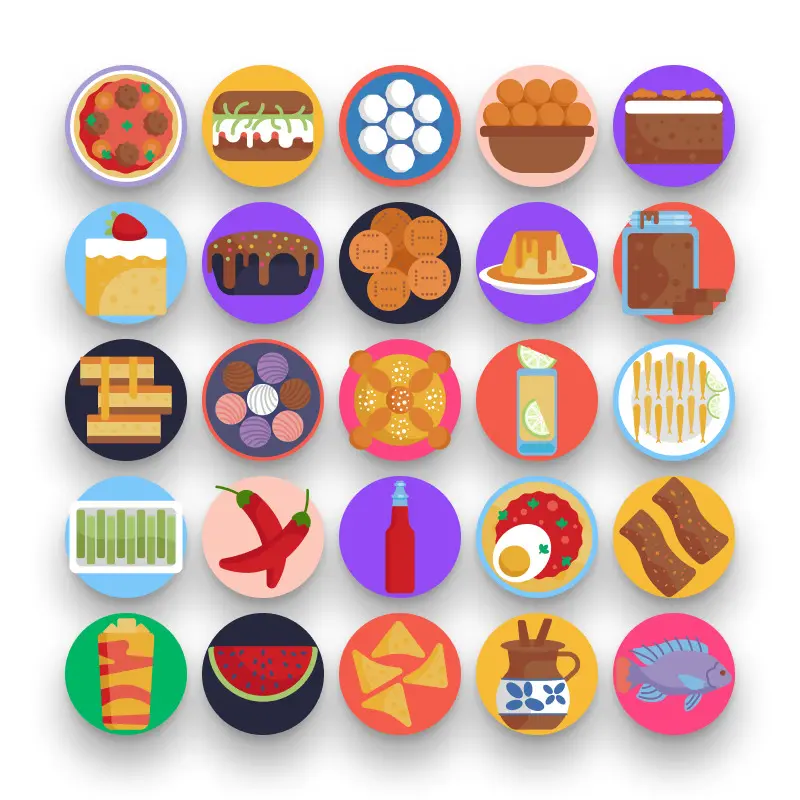 50 Mexican Food Icons – set of colorful flat circle icons