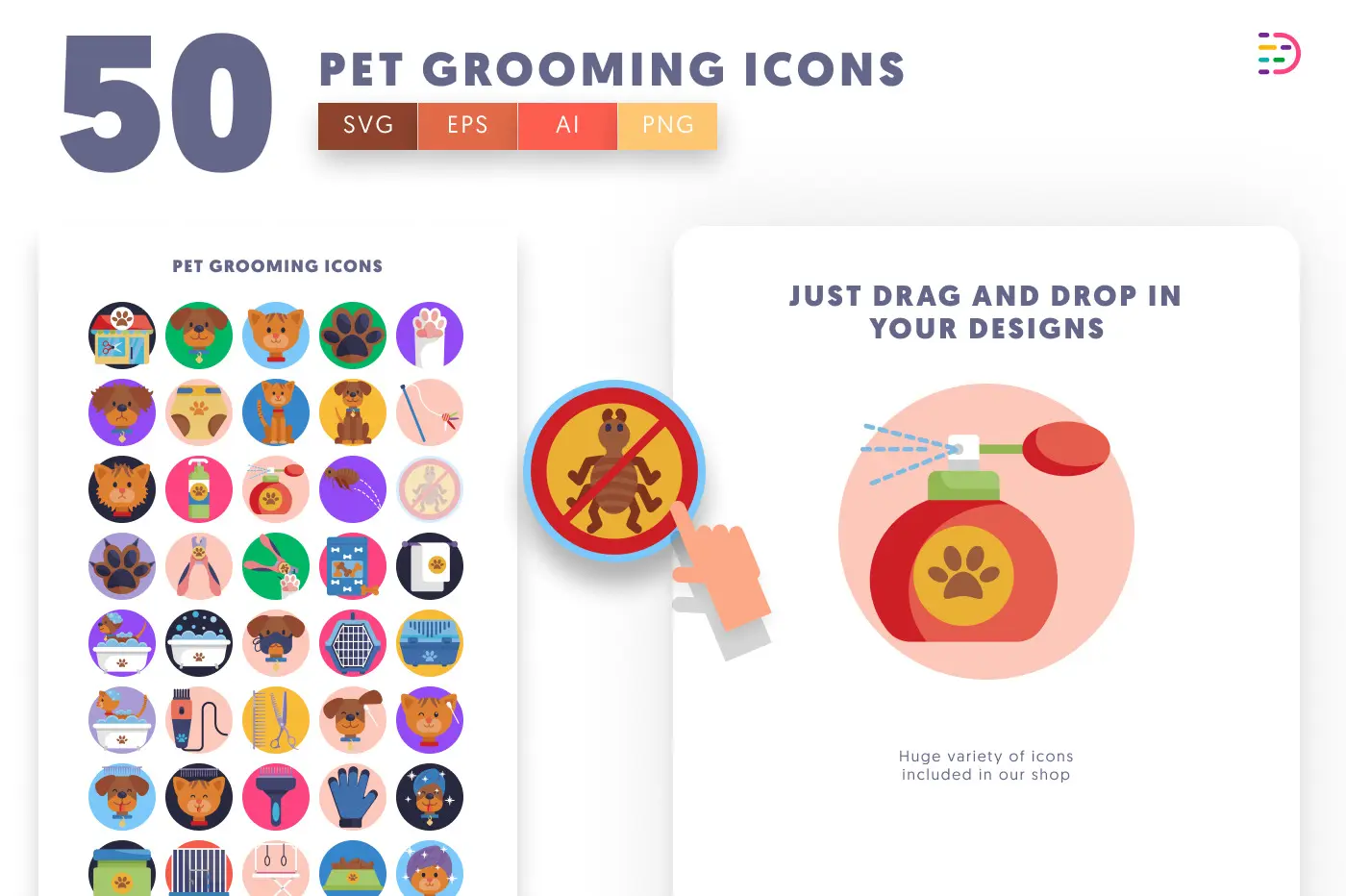 50 Pet Grooming Icons preview 1 – flat circle icons in PNG, SVG and EPS