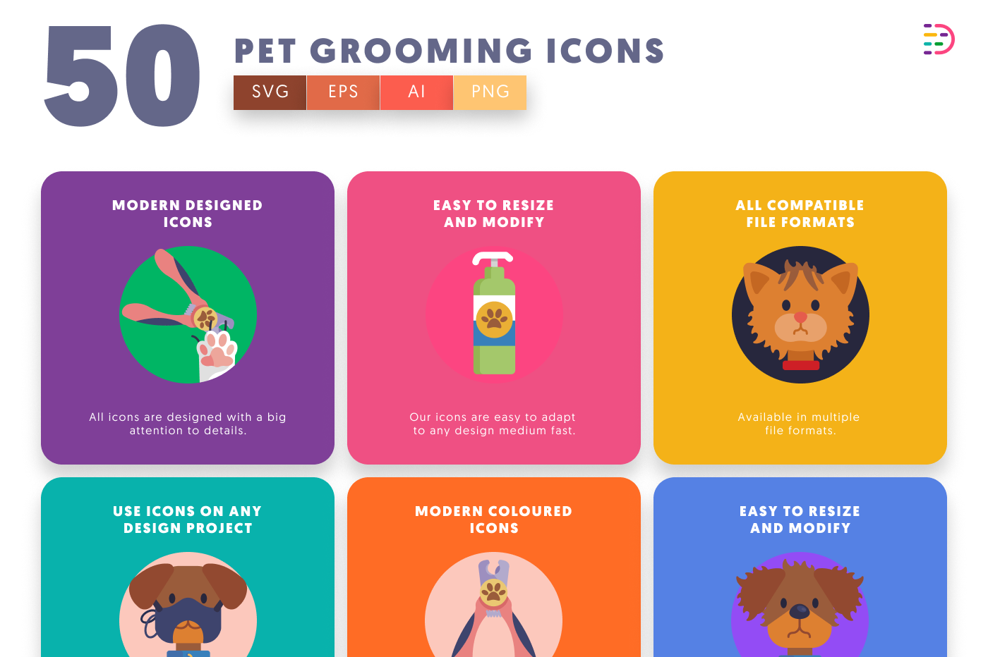 50 Pet Grooming Icons preview 5 – flat circle icons in PNG, SVG and EPS