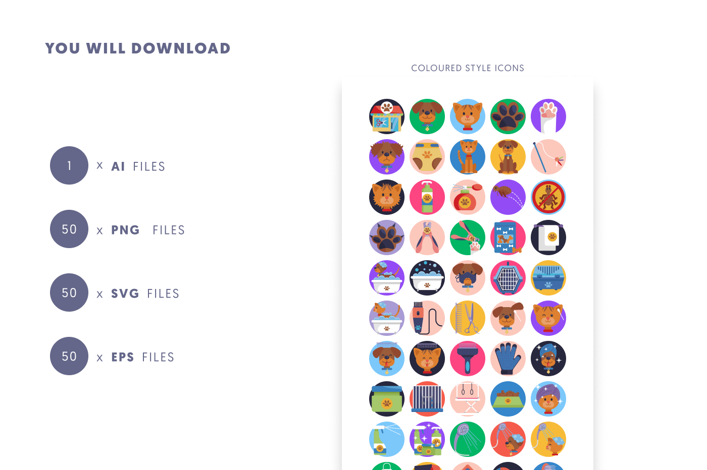 50 Pet Grooming Icons preview 9 – flat circle icons in PNG, SVG and EPS