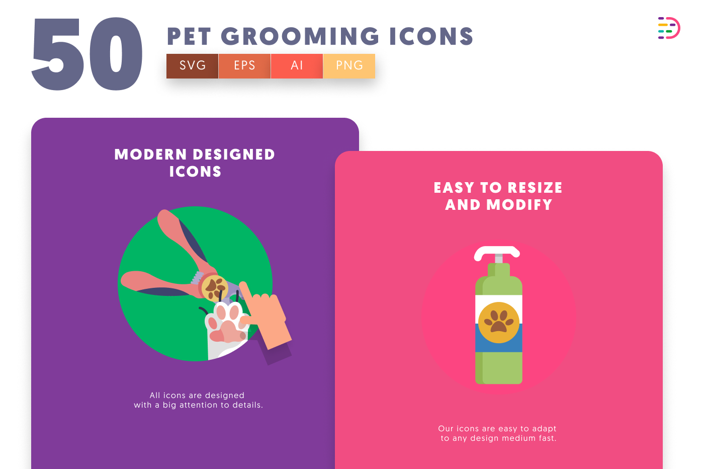 50 Pet Grooming Icons cover – flat circle icons in PNG, SVG and EPS