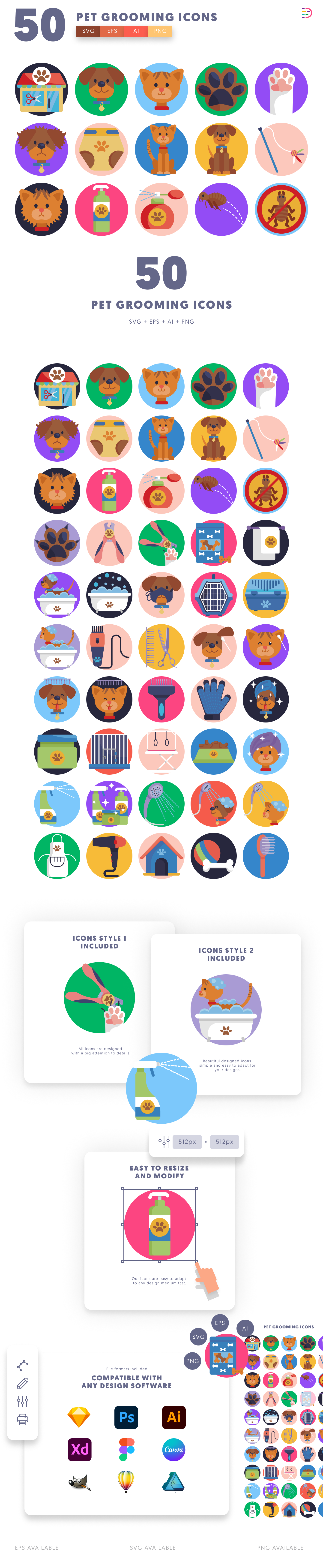 50 Pet Grooming Icons cover – flat circle icons in PNG, SVG and EPS