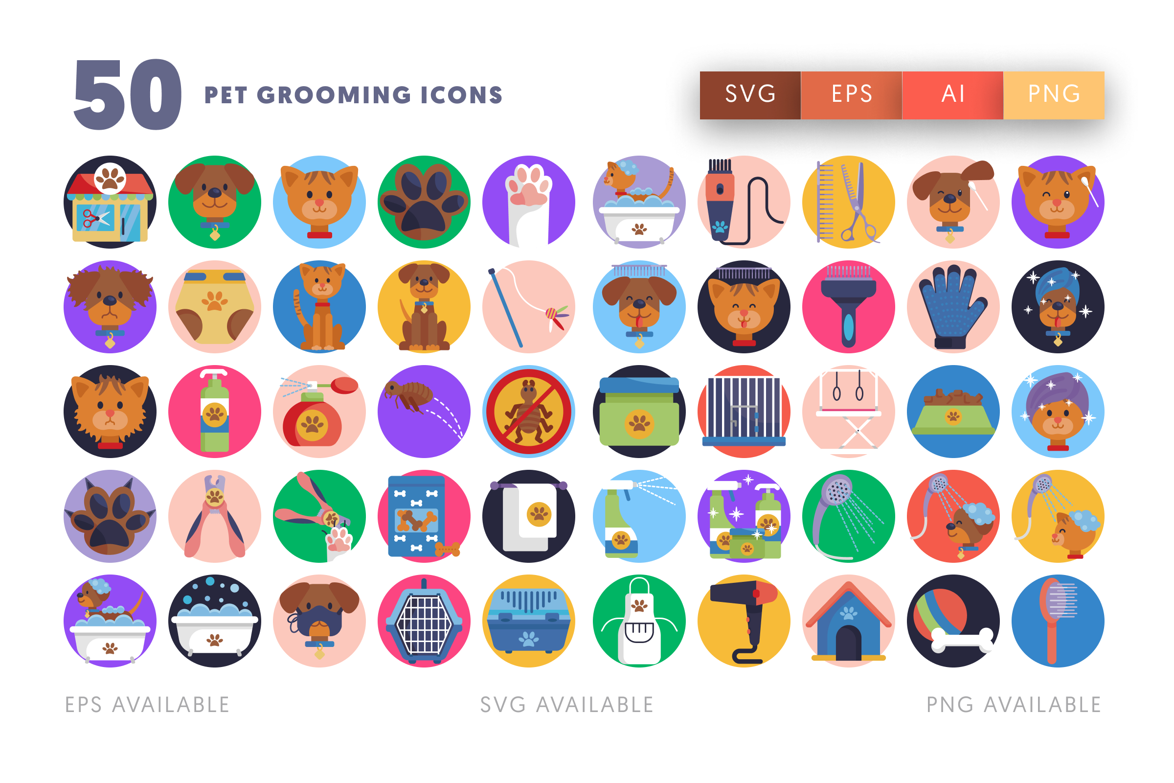 50 Pet Grooming Icons – flat circle icon set