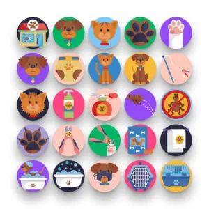50 Pet Grooming Icons – set of colorful flat circle icons