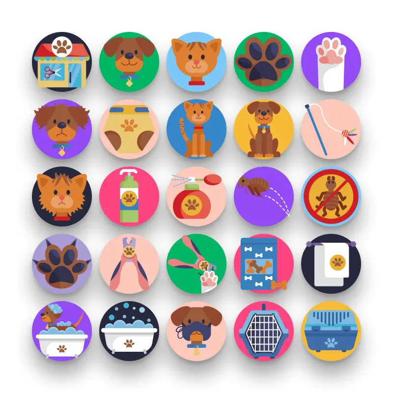 50 Pet Grooming Icons – set of colorful flat circle icons