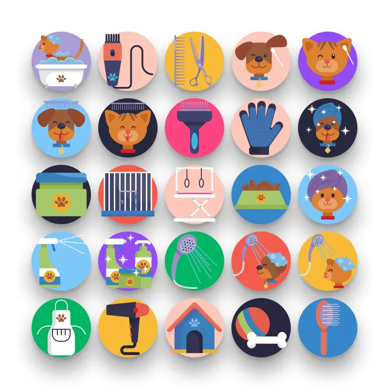 50 Pet Grooming Icons – set of colorful flat circle icons