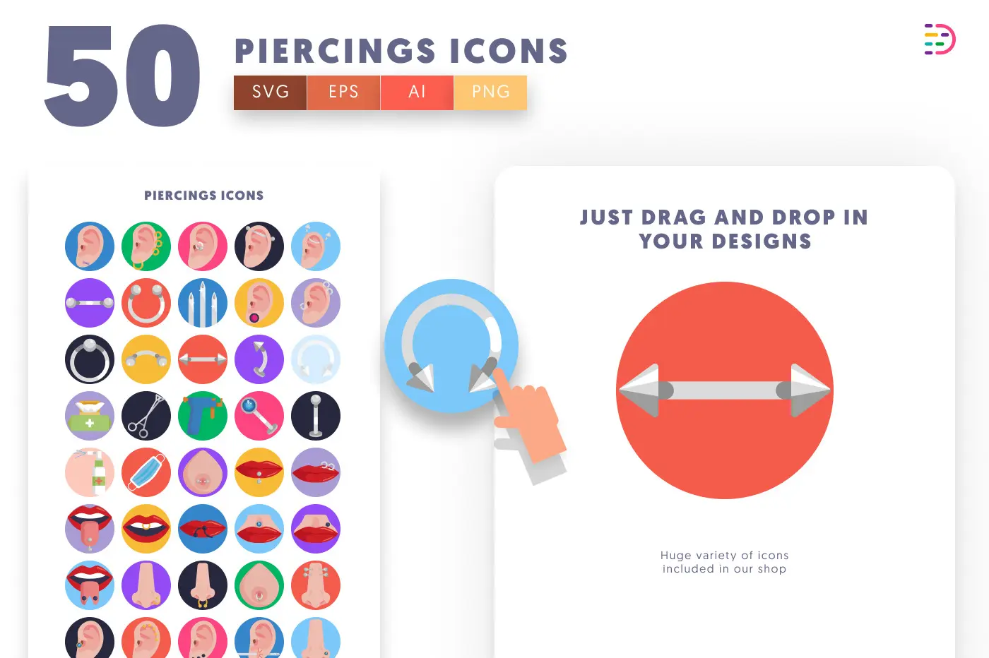 50 Piercings Icons preview 1 – flat circle icons in PNG, SVG and EPS