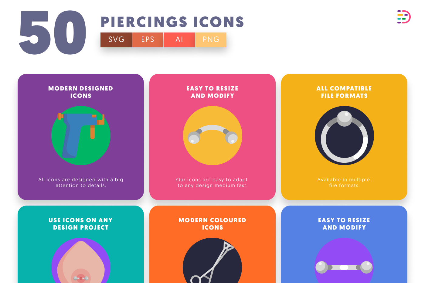 50 Piercings Icons preview 5 – flat circle icons in PNG, SVG and EPS
