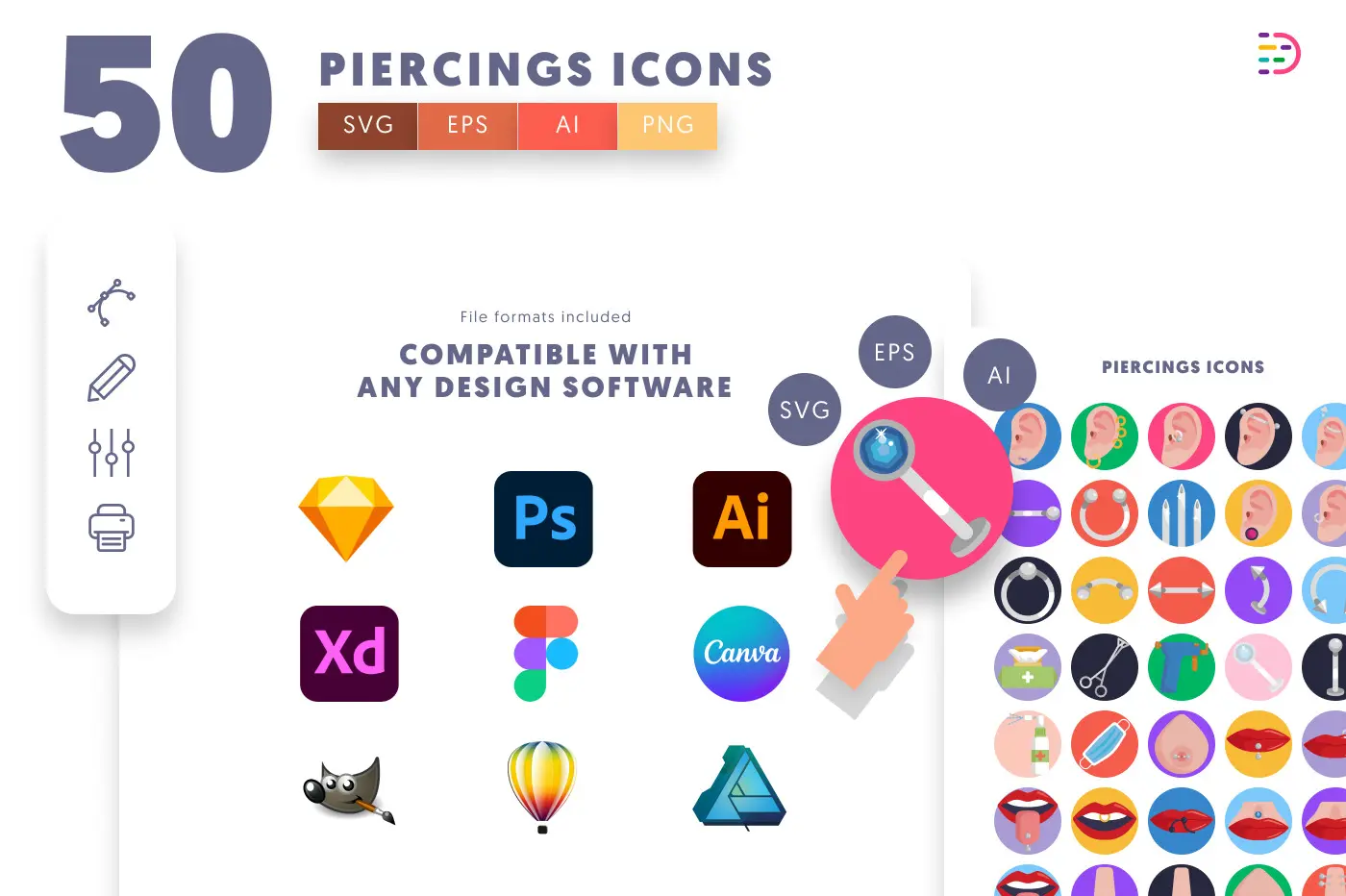 50 Piercings Icons preview 8 – flat circle icons in PNG, SVG and EPS