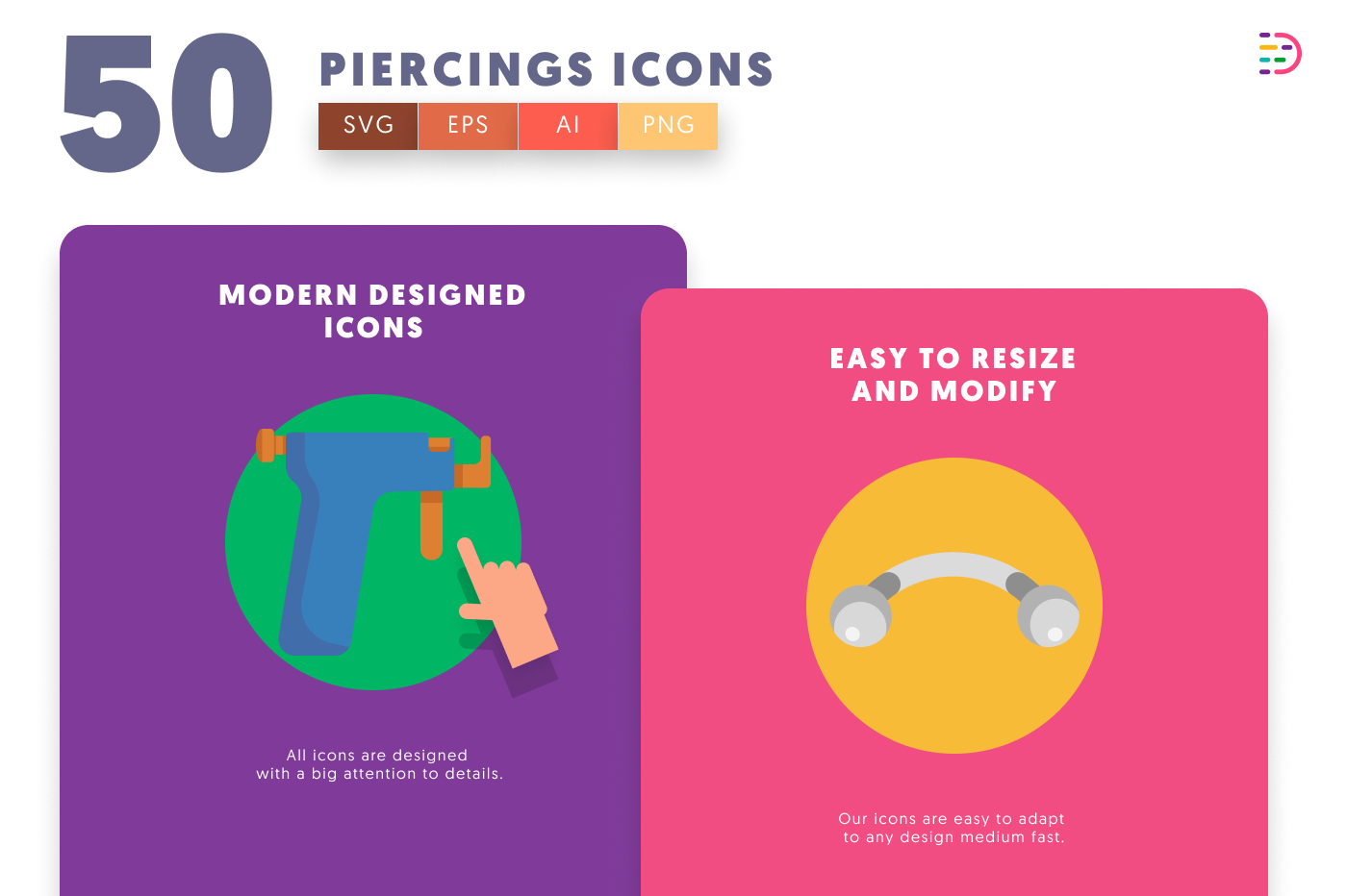 50 Piercings Icons cover – flat circle icons in PNG, SVG and EPS