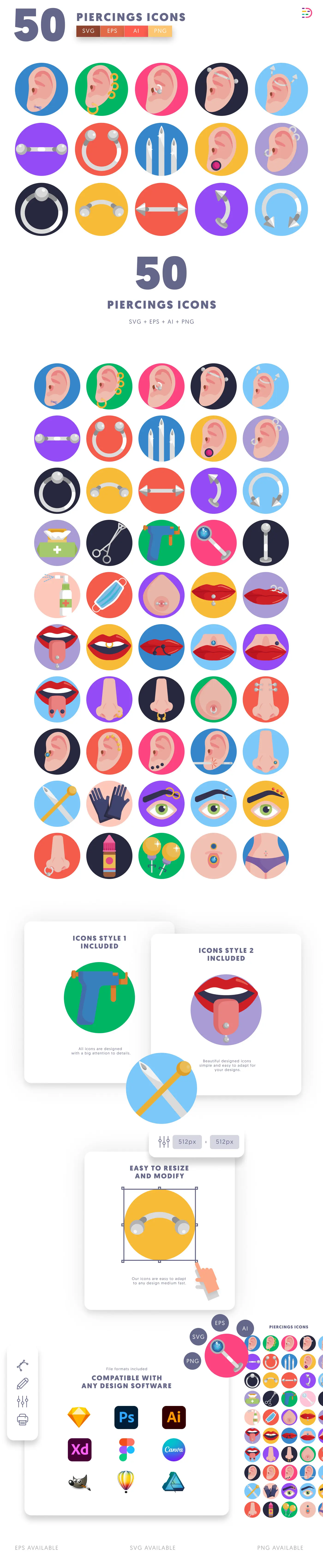 50 Piercings Icons cover – flat circle icons in PNG, SVG and EPS