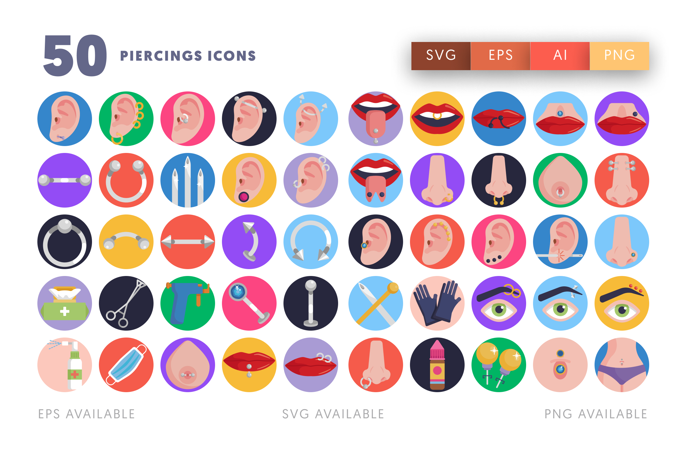 50 Piercings Icons – flat circle icon set