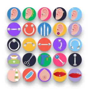 50 Piercings Icons – set of colorful flat circle icons