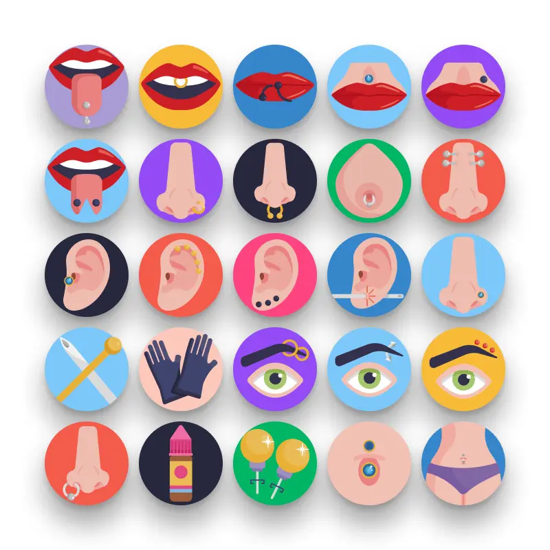 50 Piercings Icons – set of colorful flat circle icons
