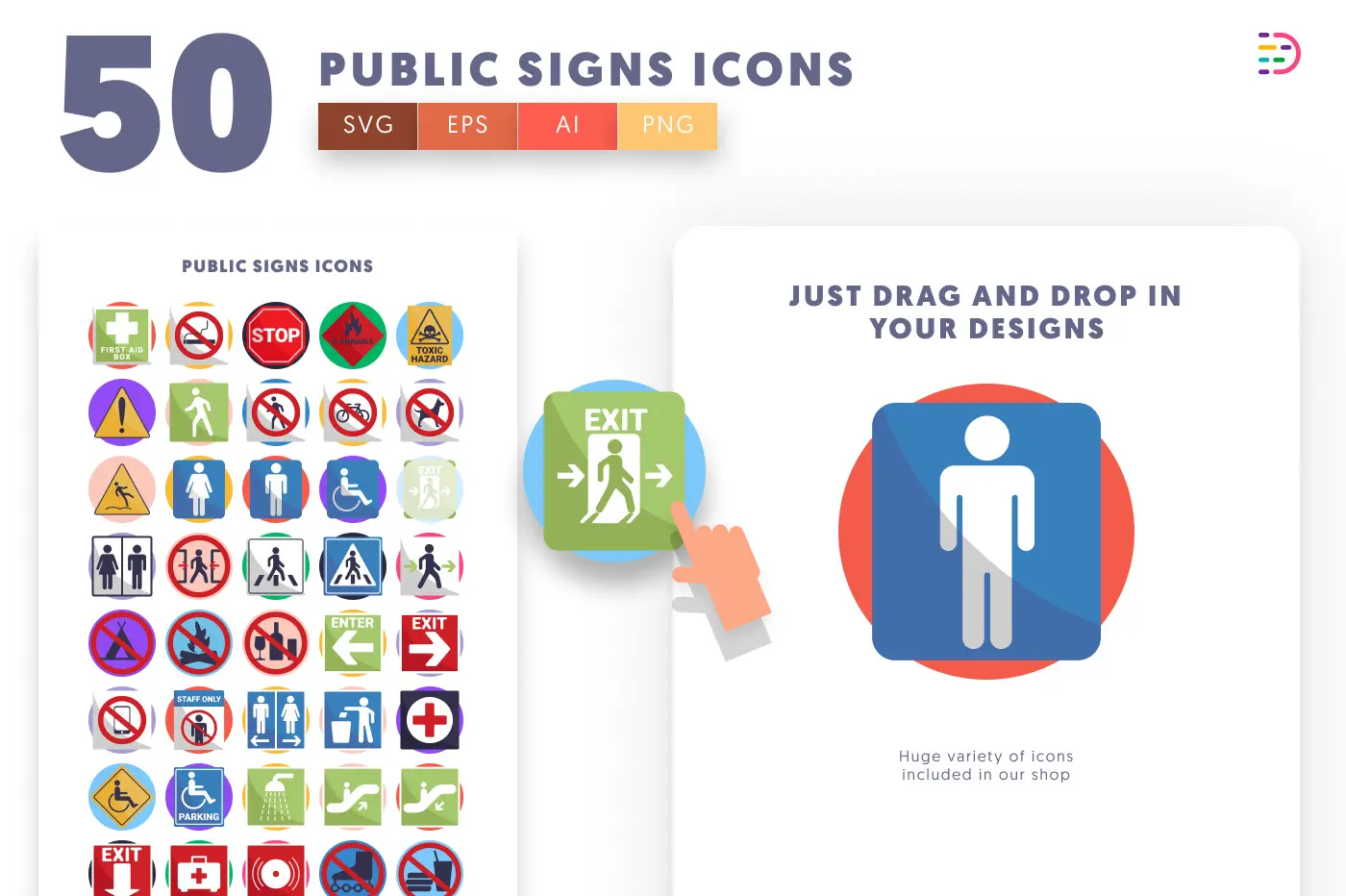 50 Public Signs Icons preview 1 – flat circle icons in PNG, SVG and EPS