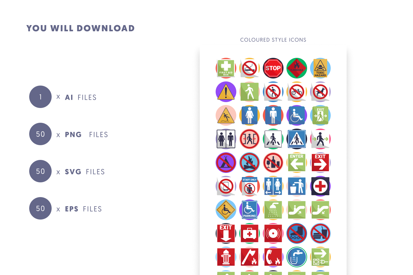 50 Public Signs Icons preview 9 – flat circle icons in PNG, SVG and EPS