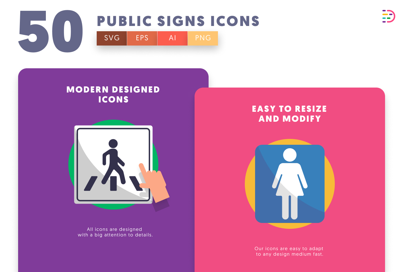 50 Public Signs Icons cover – flat circle icons in PNG, SVG and EPS
