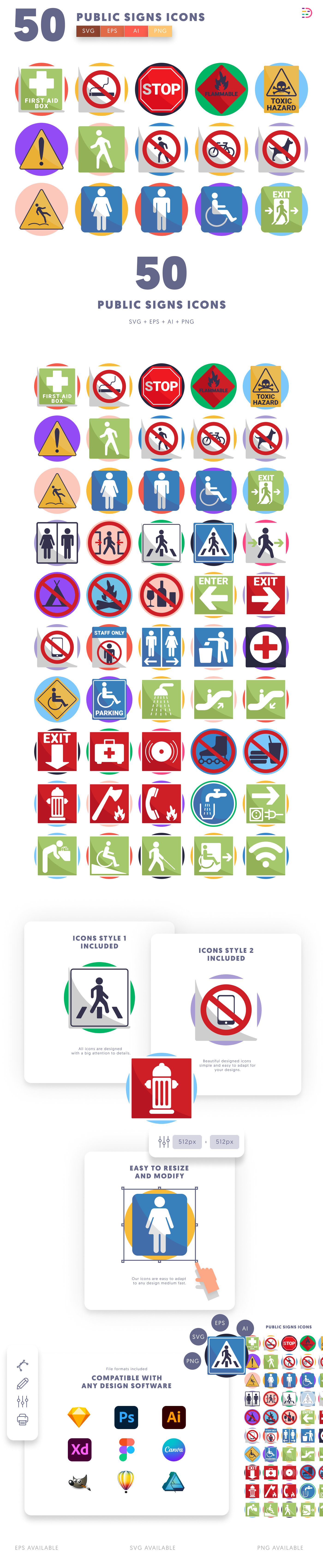 50 Public Signs Icons cover – flat circle icons in PNG, SVG and EPS