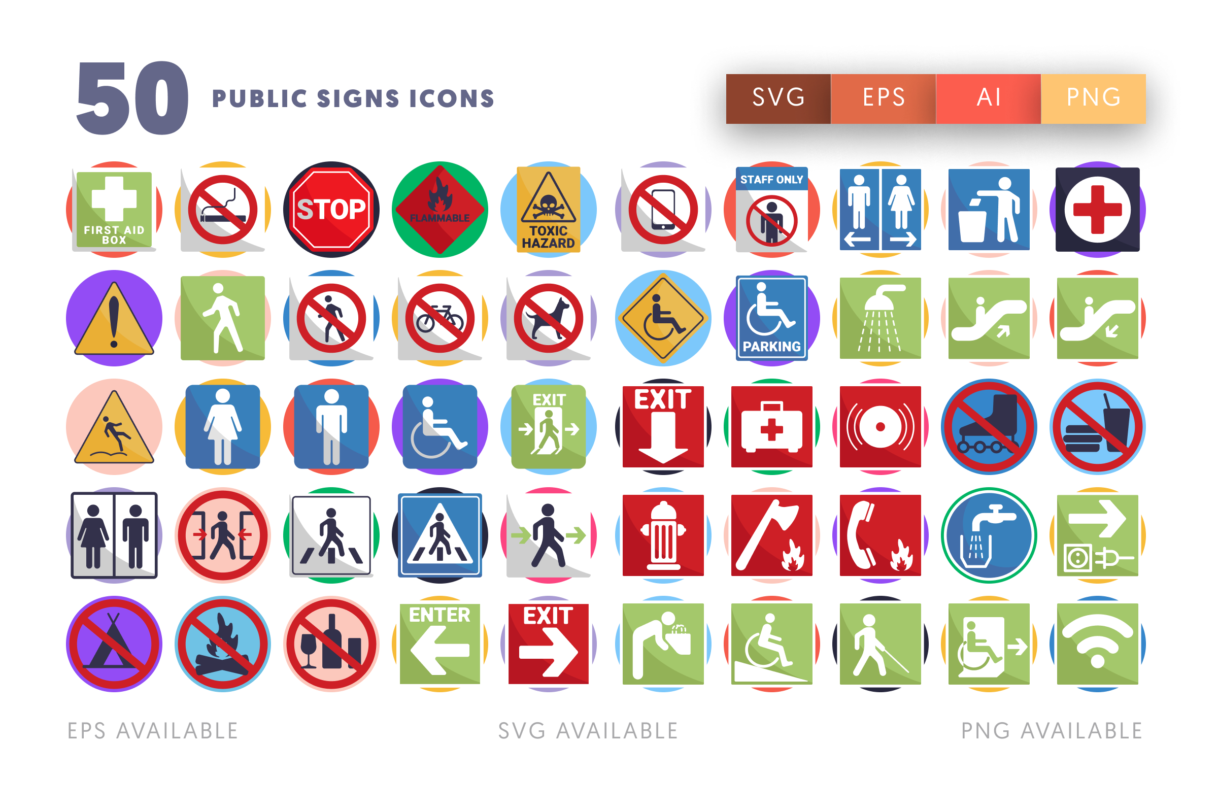 50 Public Signs Icons – flat circle icon set