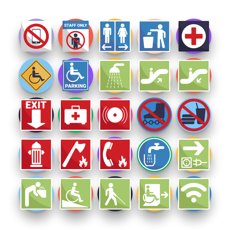 50 Public Signs Icons – set of colorful flat circle icons