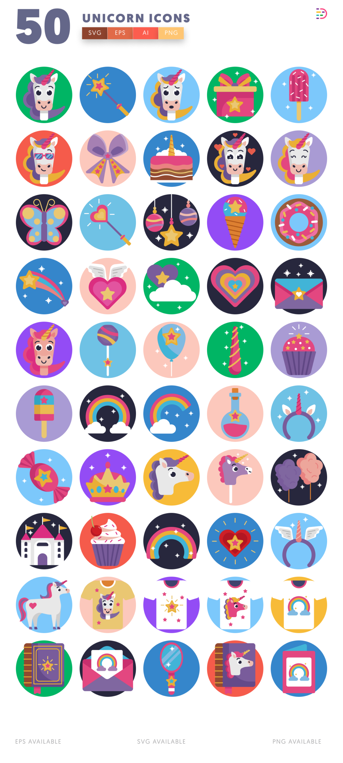 50 Unicorn Icons Set – Magical, Fun & Versatile Icons