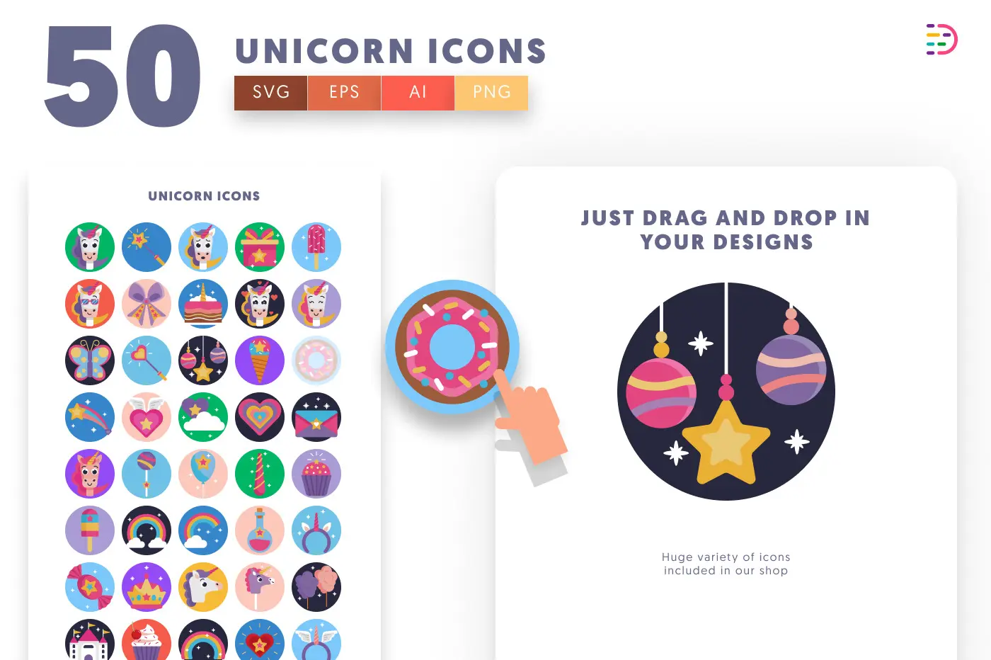 50 Unicorn Icons preview 1 – flat circle icons in PNG, SVG and EPS