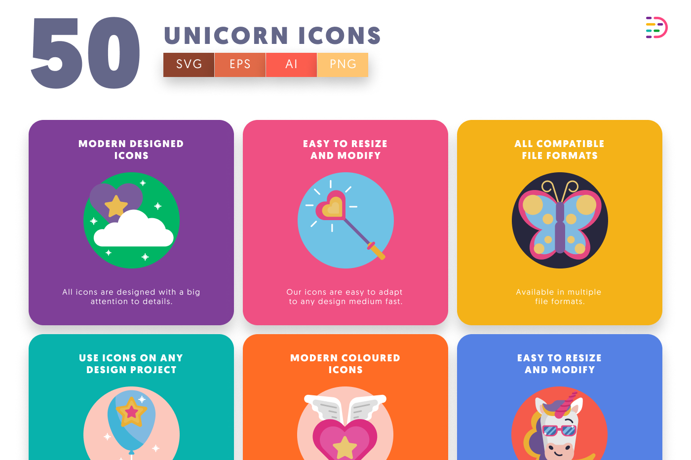 50 Unicorn Icons preview 5 – flat circle icons in PNG, SVG and EPS