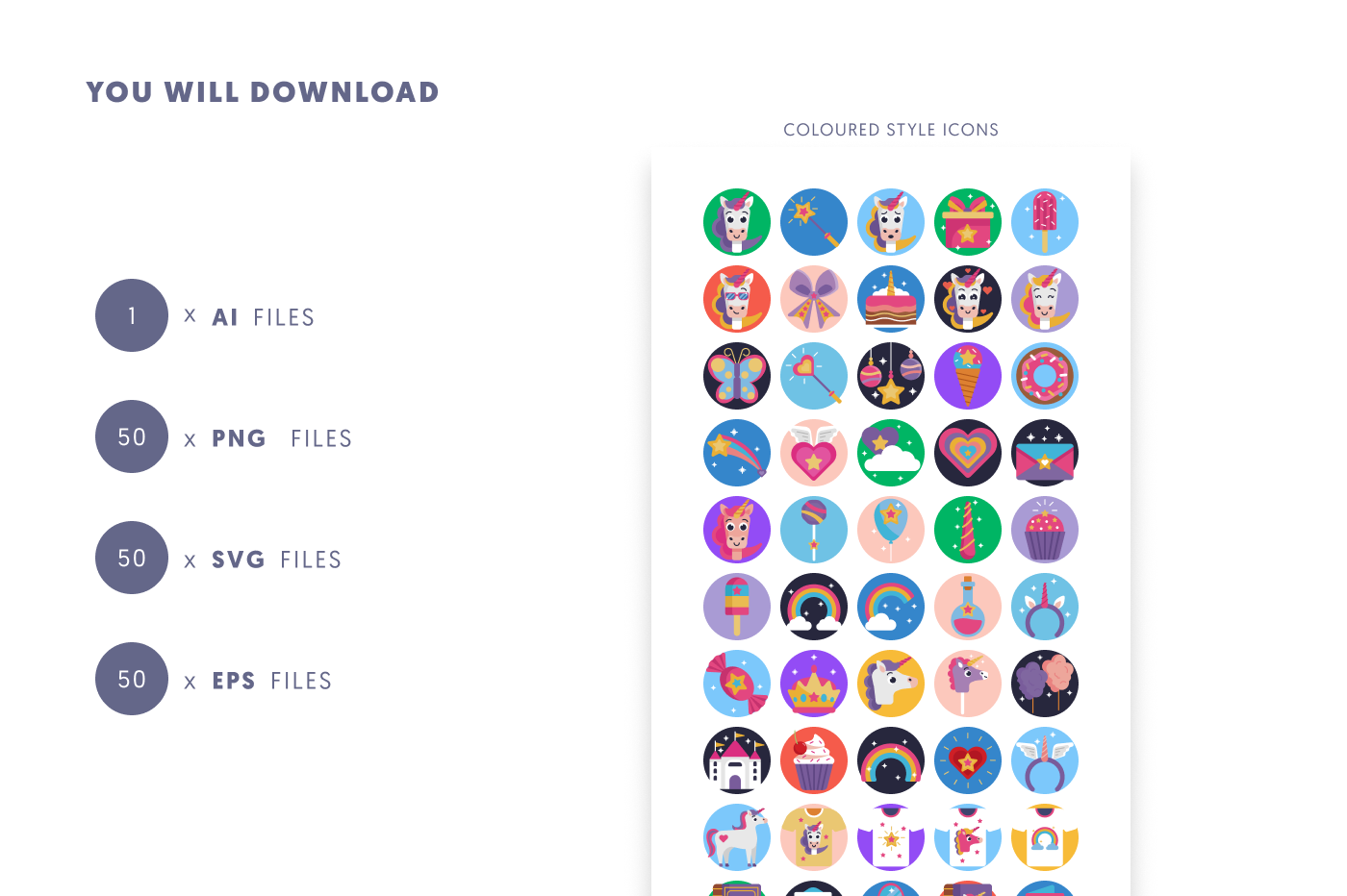 50 Unicorn Icons preview 9 – flat circle icons in PNG, SVG and EPS