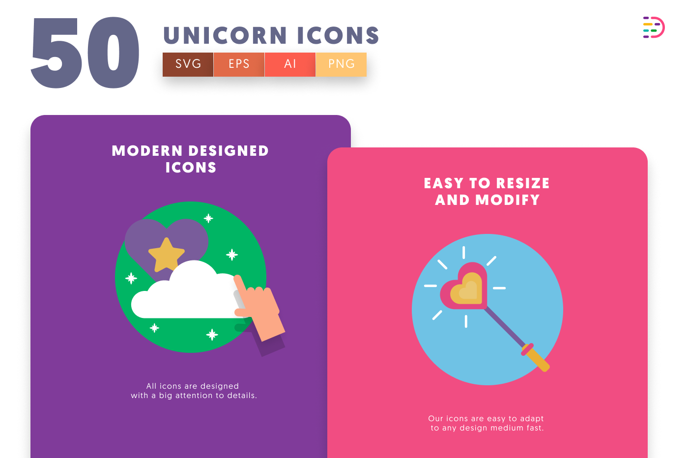 50 Unicorn Icons cover – flat circle icons in PNG, SVG and EPS