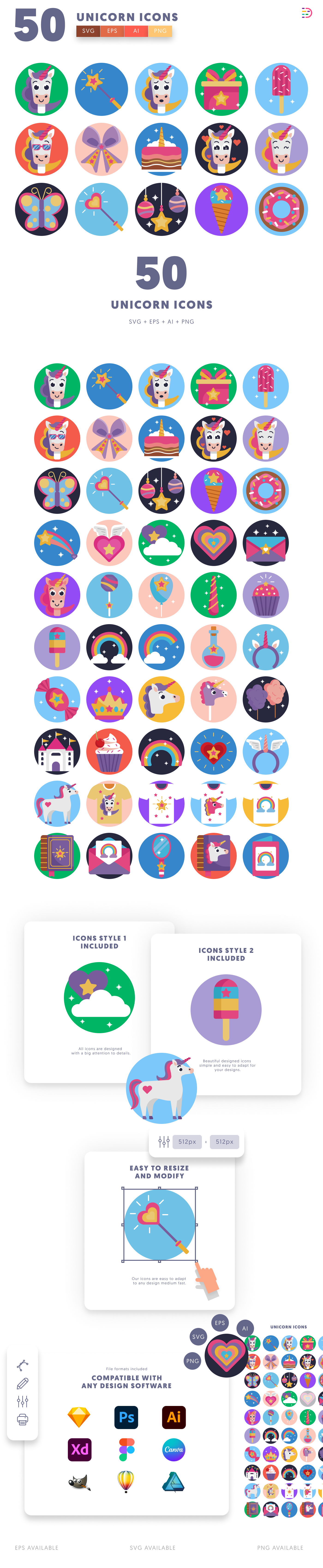 50 Unicorn Icons cover – flat circle icons in PNG, SVG and EPS