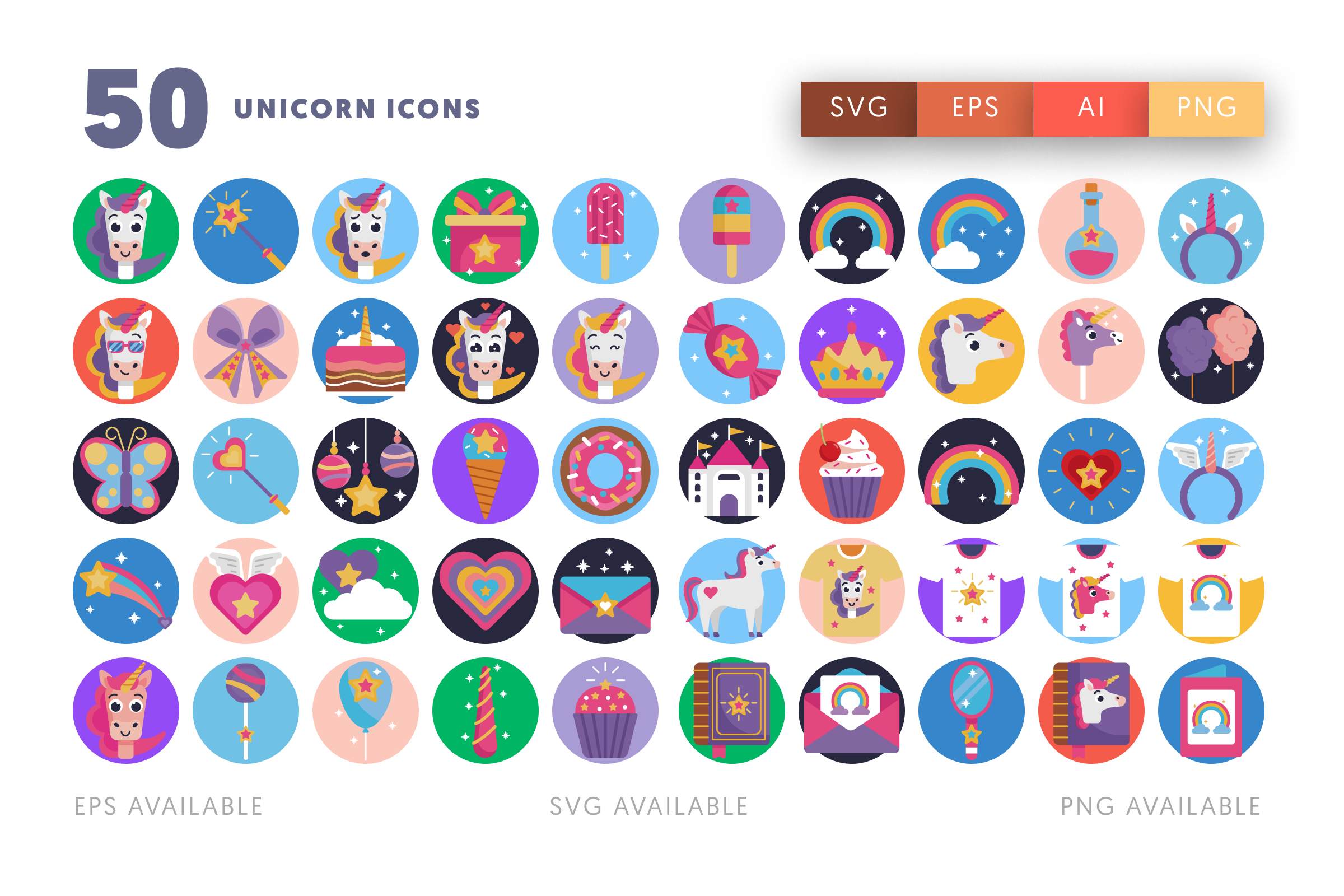 50 Unicorn Icons – flat circle icon set