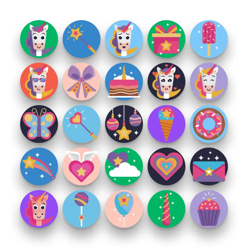 50-Unicorn _ Shop-2 50 Unicorn Icons – set of colorful flat circle icons