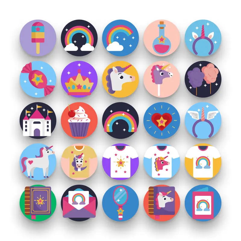 50 Unicorn Icons – set of colorful flat circle icons
