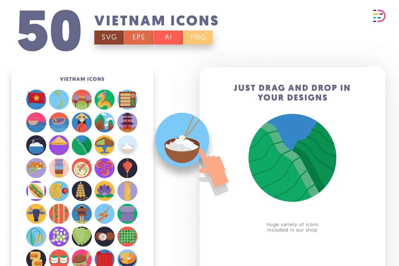 50 Vietnam Icons preview 1 – flat circle icons in PNG, SVG and EPS