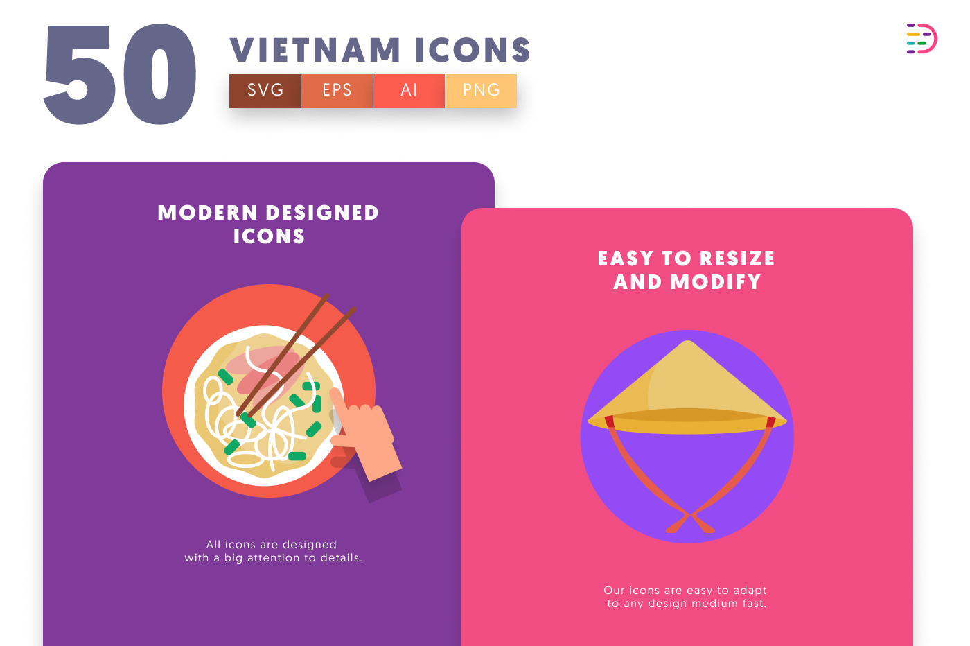 50 Vietnam Icons cover – flat circle icons in PNG, SVG and EPS