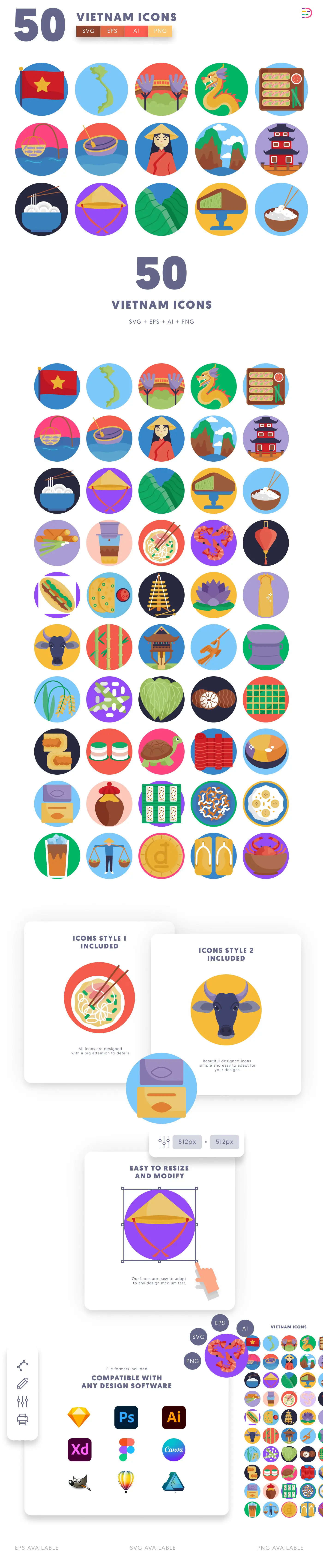 50 Vietnam Icons cover – flat circle icons in PNG, SVG and EPS