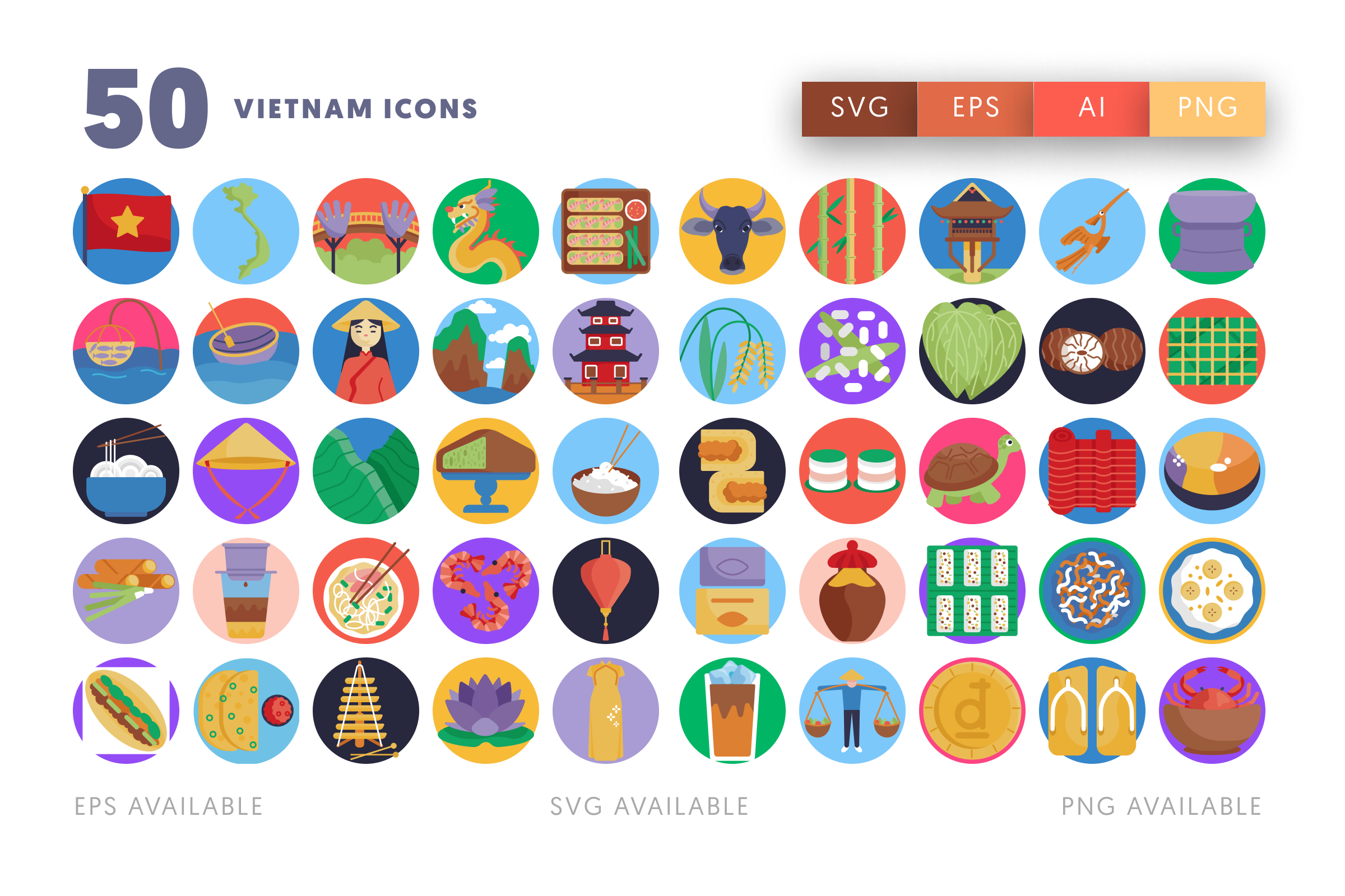 50 Vietnam Icons – flat circle icon set