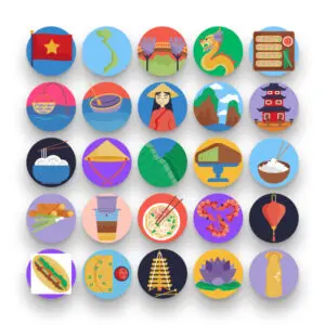 50 Vietnam Icons – set of colorful flat circle icons