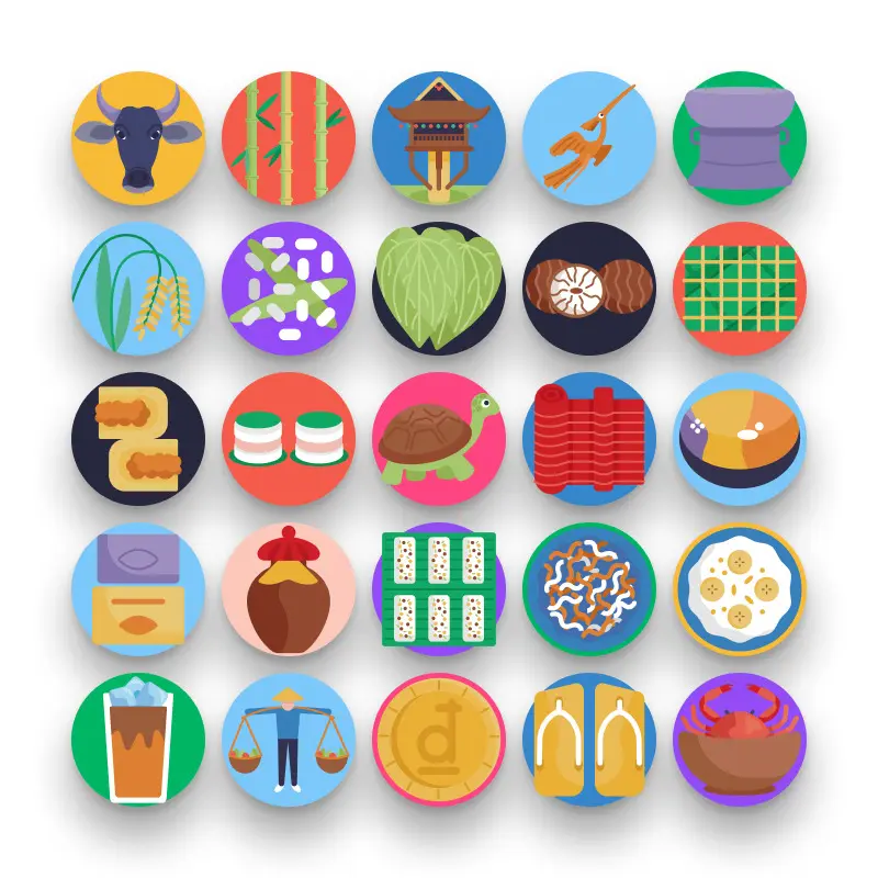 50 Vietnam Icons – set of colorful flat circle icons