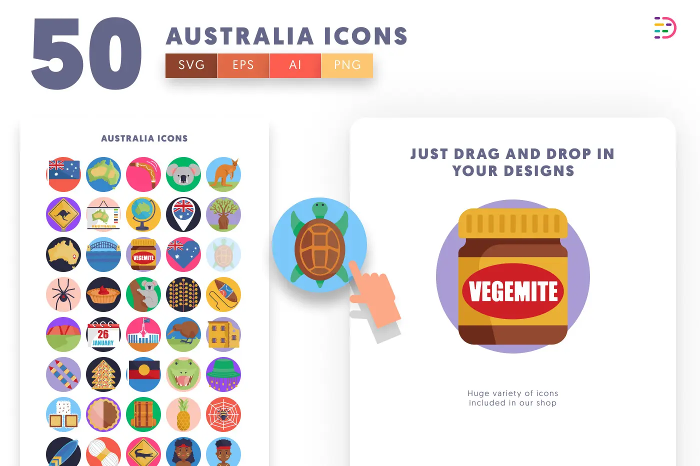 50 Australia Icons preview 1 – flat circle icons in PNG, SVG and EPS