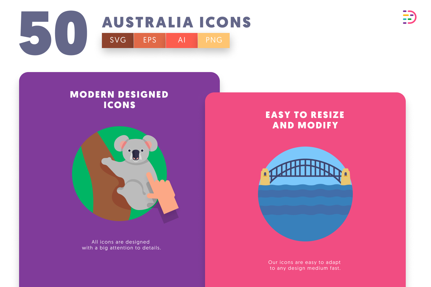 50 Australia Icons cover – flat circle icons in PNG, SVG and EPS