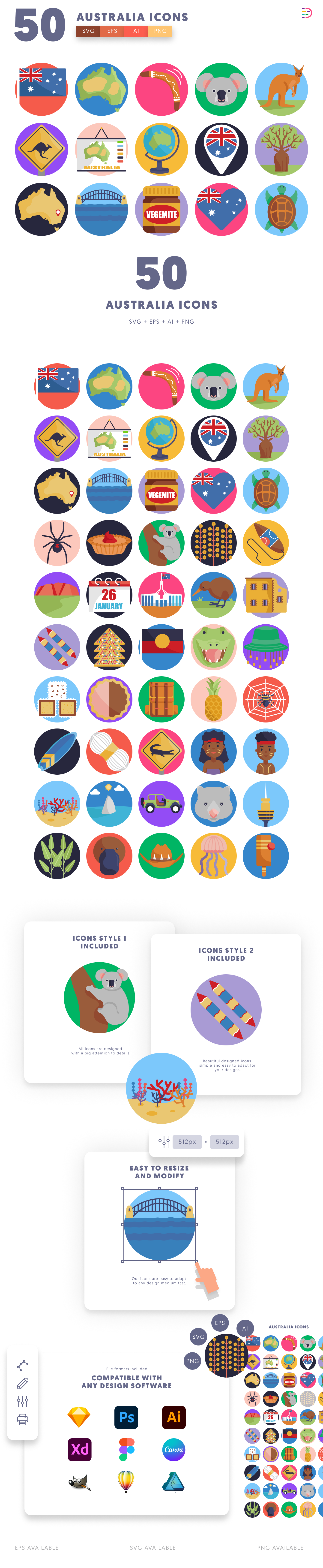 50 Australia Icons cover – flat circle icons in PNG, SVG and EPS