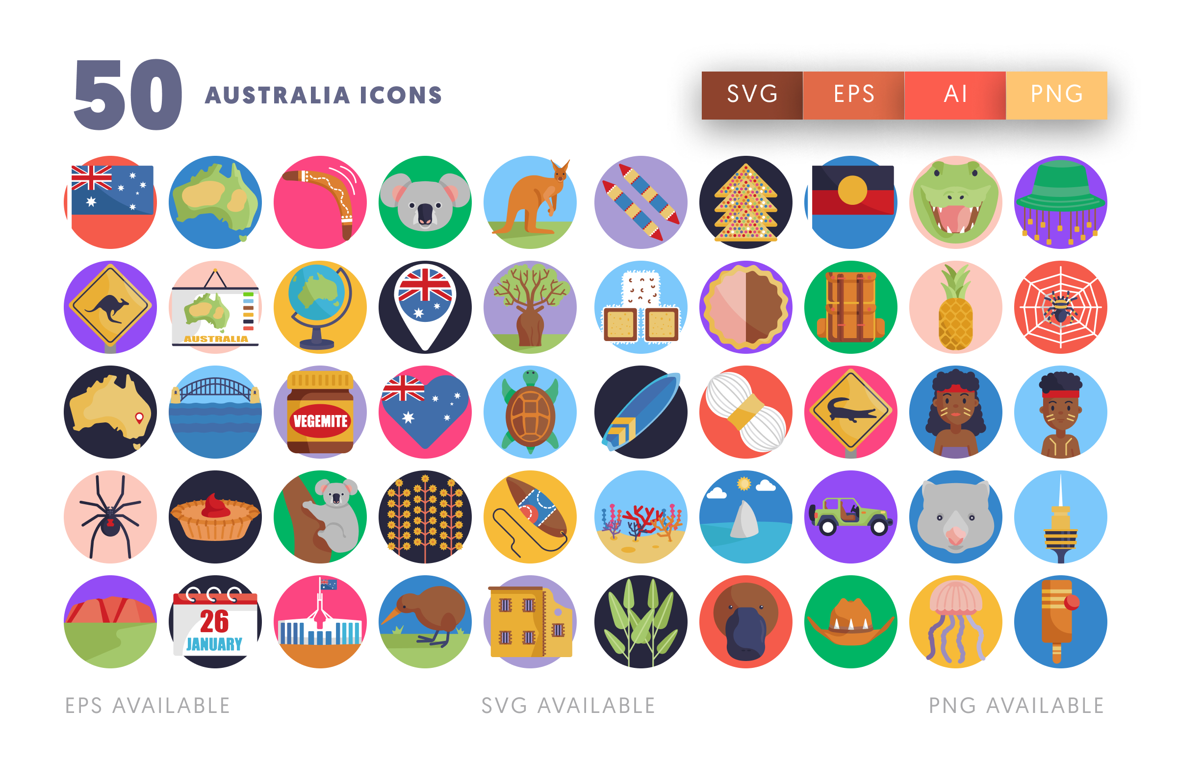 50 Australia Icons – flat circle icon set