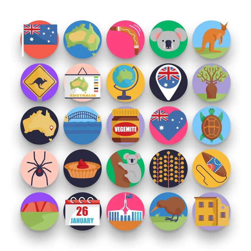 50 Australia Icons – set of colorful flat circle icons