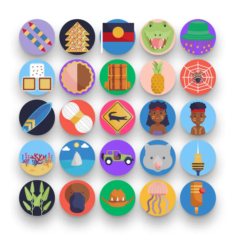 50 Australia Icons – set of colorful flat circle icons