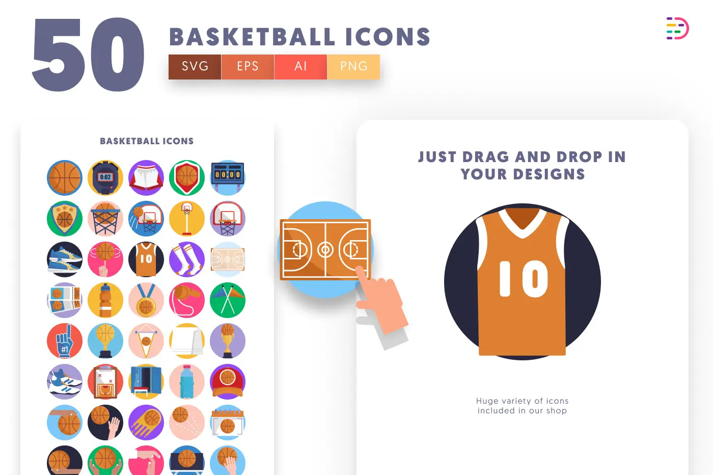 50 Basketball Icons preview 1 – flat circle icons in PNG, SVG and EPS